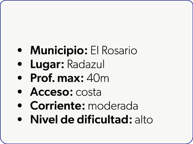 Municipio: El Rosario Lugar: Radazul Prof. max: 40m Acceso: costa Corriente: moderada Nivel de dificultad: alto