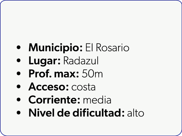  Municipio: El Rosario Lugar: Radazul Prof. max: 50m Acceso: costa Corriente: media Nivel de dificultad: alto