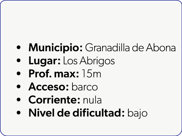  Municipio: Granadilla de Abona Lugar: Los Abrigos Prof. max: 15m Acceso: barco Corriente: nula Nivel de dificultad: ...