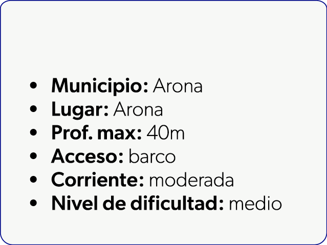  Municipio: Arona Lugar: Arona Prof. max: 40m Acceso: barco Corriente: moderada Nivel de dificultad: medio