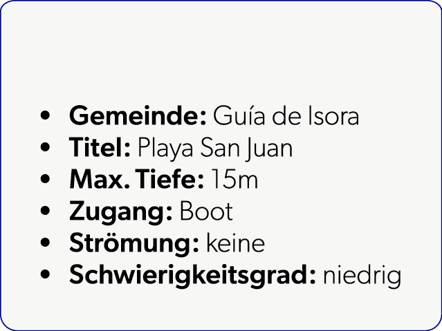  Gemeinde: Gu a de Isora Titel: Playa San Juan Max. Tiefe: 15m Zugang: Boot Str mung: keine Schwierigkeitsgrad: niedrig