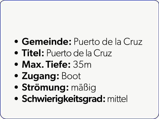  Gemeinde: Puerto de la Cruz Titel: Puerto de la Cruz Max. Tiefe: 35m Zugang: Boot Str mung: m ig Schwierigkeitsgrad...