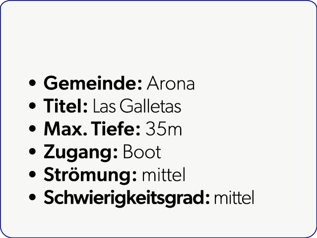  Gemeinde: Arona Titel: Las Galletas Max. Tiefe: 35m Zugang: Boot Str mung: mittel Schwierigkeitsgrad: mittel