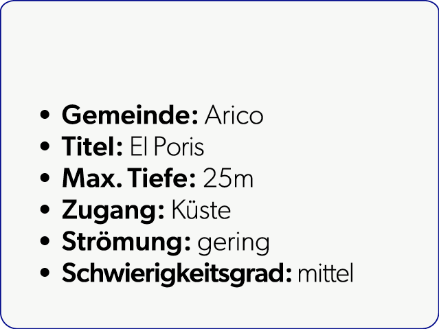  Gemeinde: Arico Titel: El Poris Max. Tiefe: 25m Zugang: K ste Str mung: gering Schwierigkeitsgrad: mittel