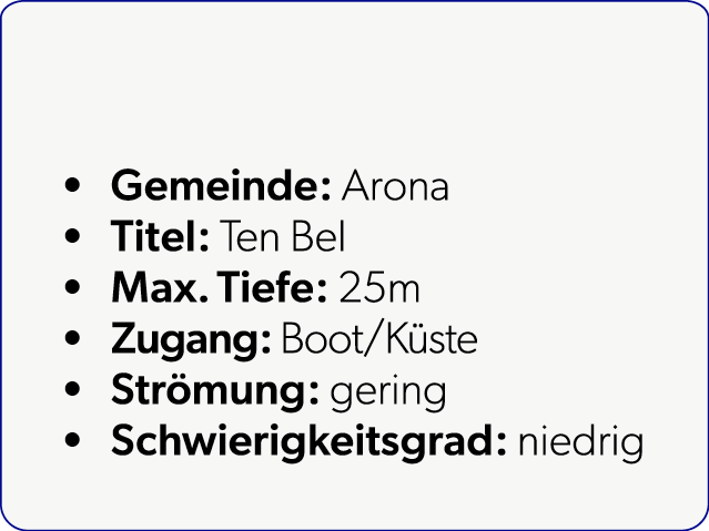  Gemeinde: Arona Titel: Ten Bel Max. Tiefe: 25m Zugang: Boot/K ste Str mung: gering Schwierigkeitsgrad: niedrig 