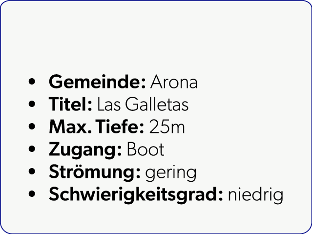  Gemeinde: Arona Titel: Las Galletas Max. Tiefe: 25m Zugang: Boot Str mung: gering Schwierigkeitsgrad: niedrig