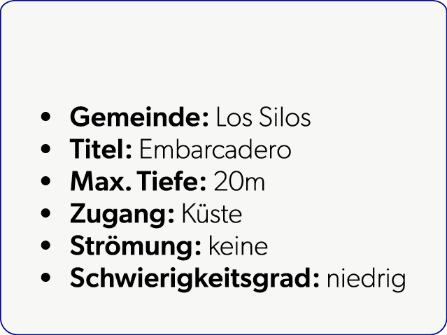  Gemeinde: Los Silos Titel: Embarcadero Max. Tiefe: 20m Zugang: K ste Str mung: keine Schwierigkeitsgrad: niedrig