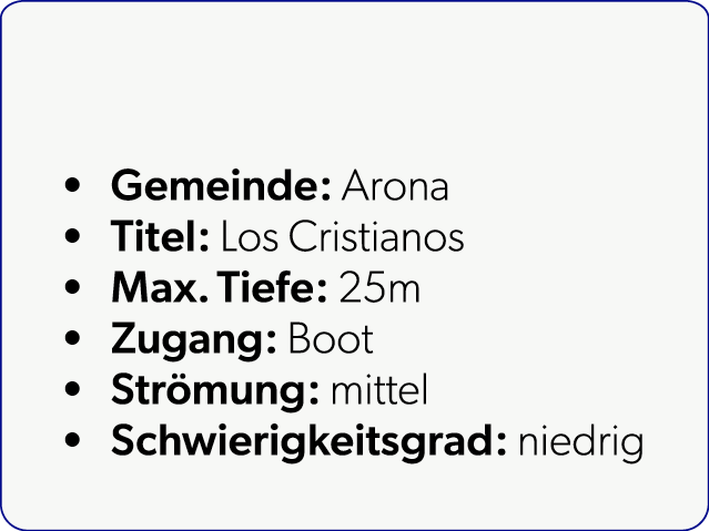  Gemeinde: Arona Titel: Los Cristianos Max. Tiefe: 25m Zugang: Boot Str mung: mittel Schwierigkeitsgrad: niedrig