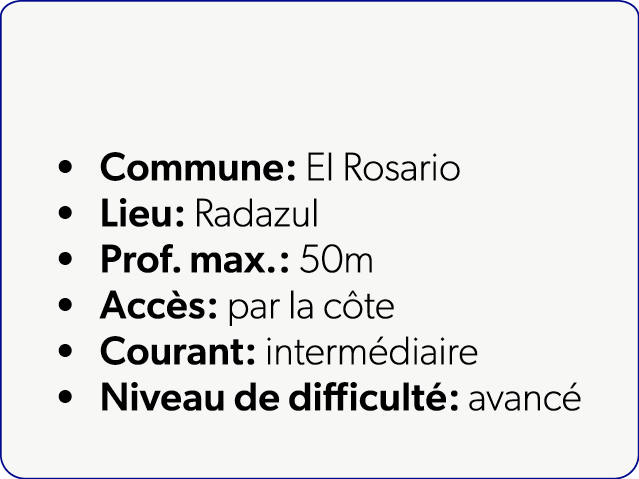  Commune: El Rosario Lieu: Radazul Prof. max.: 50m Acc s: par la c te Courant: interm diaire Niveau de difficult : av...