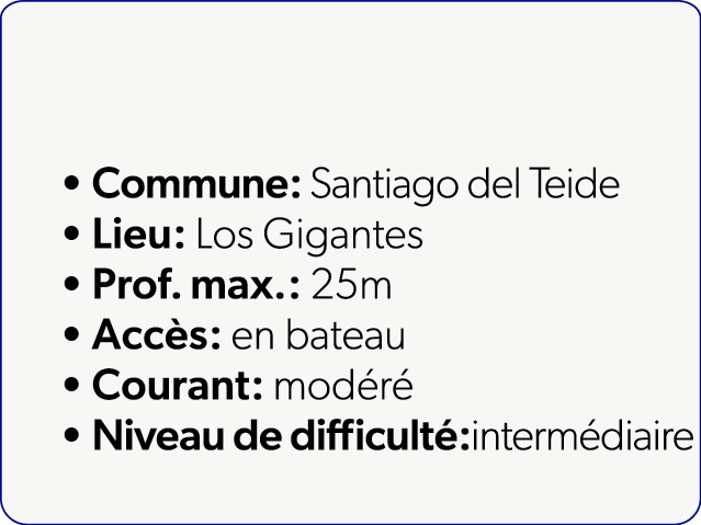  Commune: Santiago del Teide Lieu: Los Gigantes Prof. max.: 25m Acc s: en bateau Courant: mod r Niveau de difficult ...