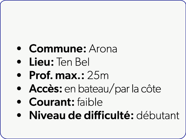  Commune: Arona Lieu: Ten Bel Prof. max.: 25m Acc s: en bateau/par la c te Courant: faible Niveau de difficult : d bu...